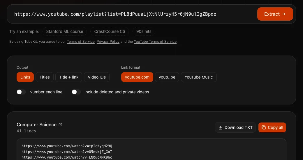 TubeKit's Link and Title Extractor listing every video link from a YouTube playlist, with Copy all and Download TXT buttons.