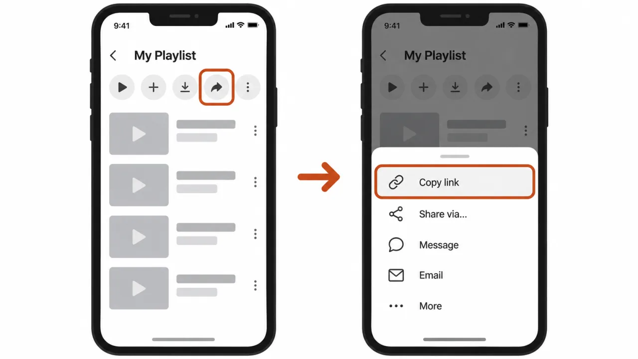 Illustration of the YouTube app: the Share button on a playlist page is highlighted, then Copy link is highlighted in the share menu.