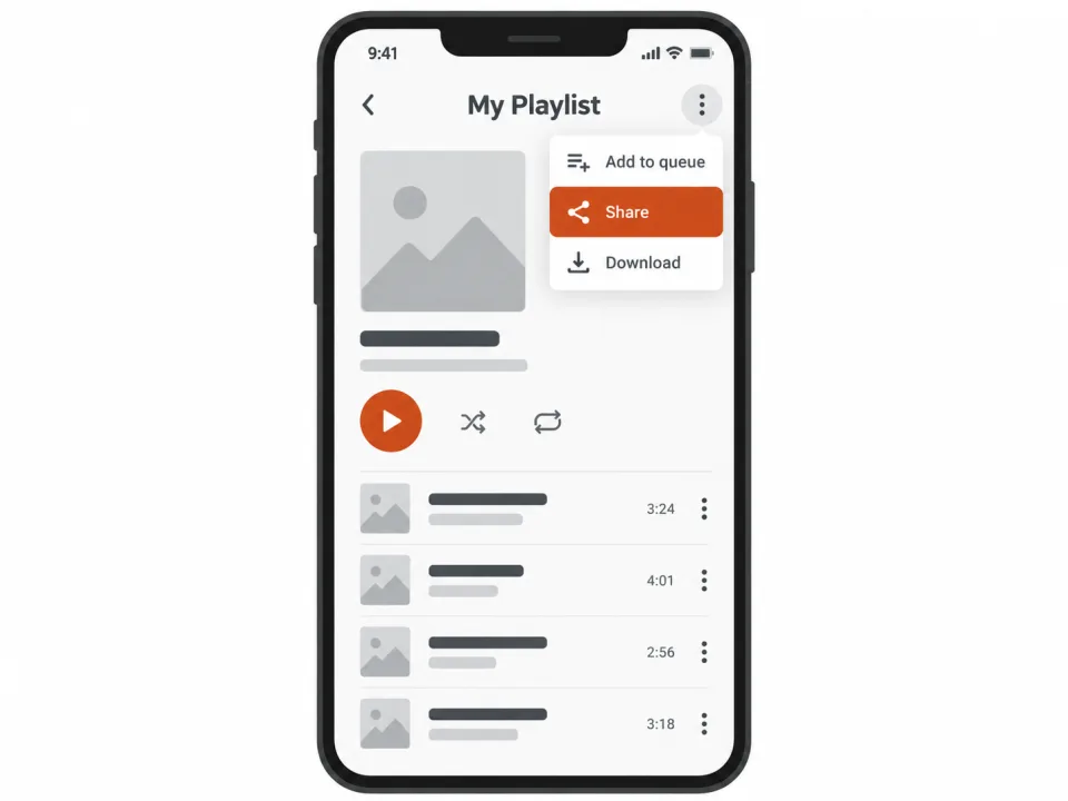 Illustration of the YouTube Music app: the three-dot menu on a playlist is open and Share is highlighted.