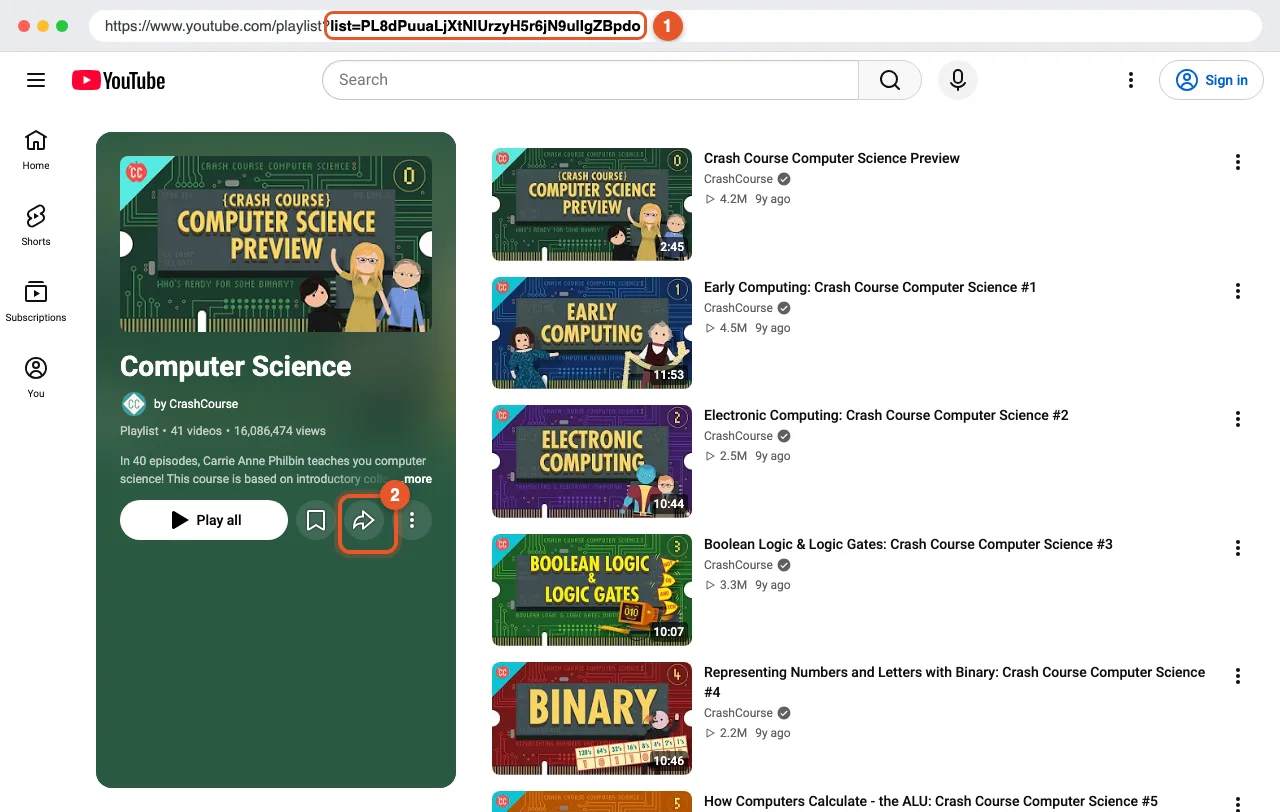 YouTube playlist page in a browser. The address bar shows the playlist link with list= highlighted, and the Share button next to Play all is highlighted.