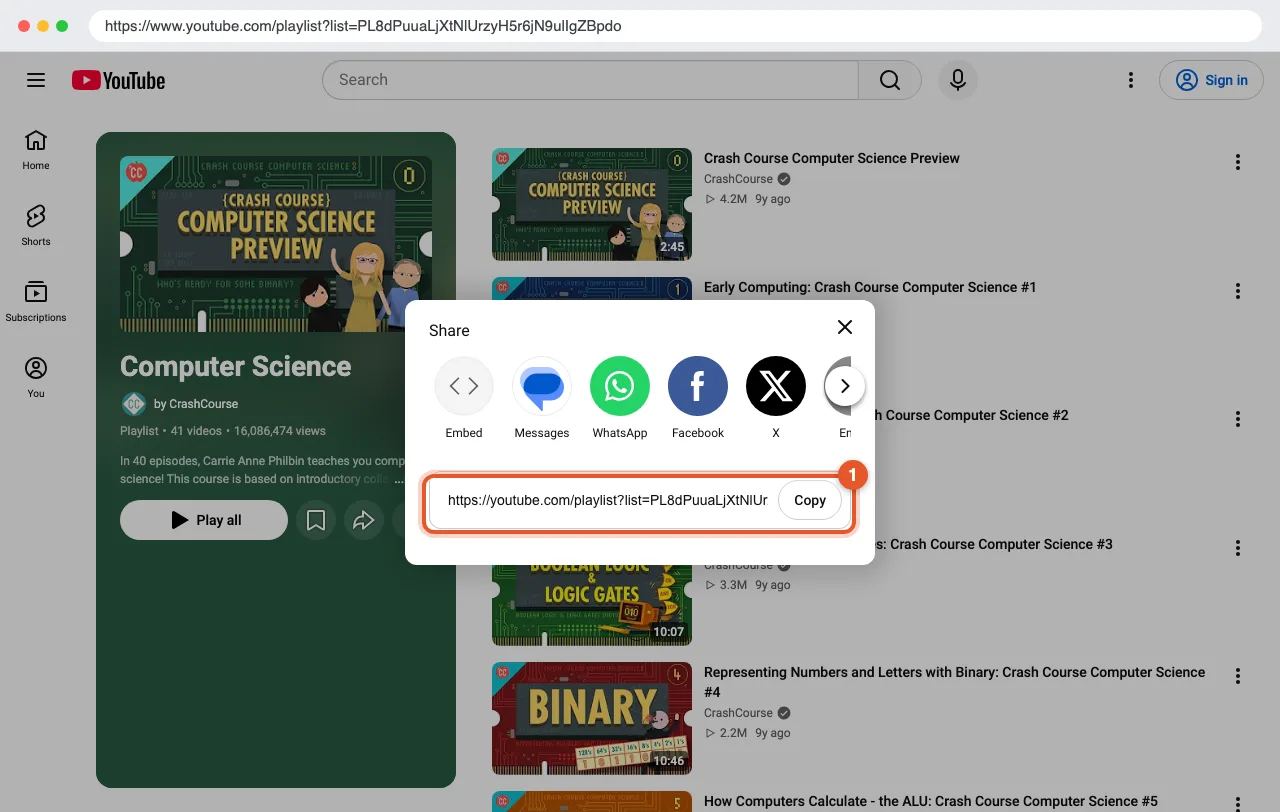 The YouTube Share window for a playlist, showing the playlist link and the Copy button.