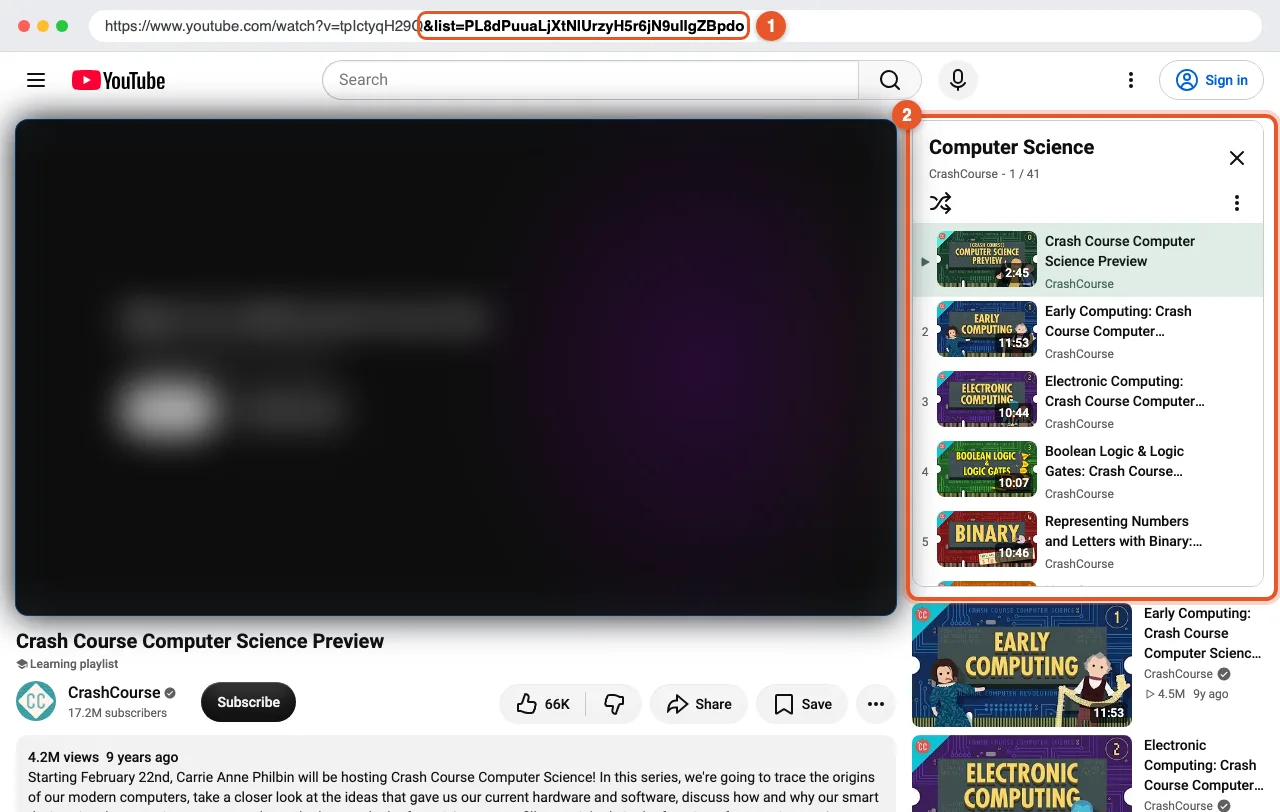 A YouTube video playing inside a playlist. The address bar contains &list= and the playlist panel next to the player is highlighted.